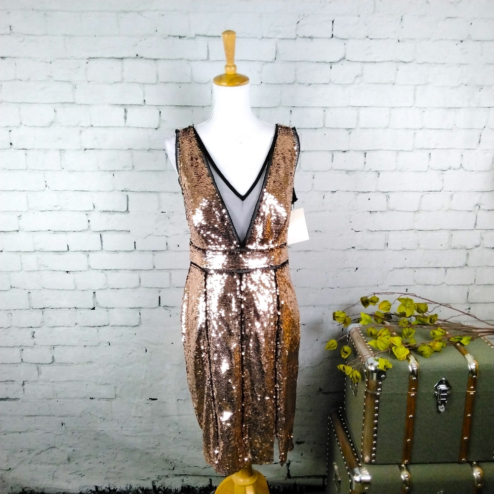 Boston Proper Plunging Neckline Sequin Dress Rose Gold M